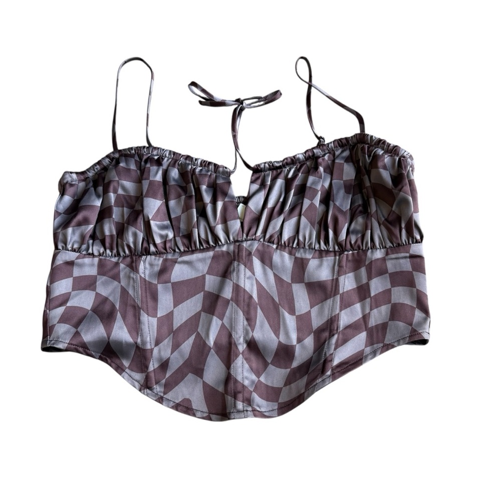 Glassons Brown Geometric Checkered Crop‎ Top Size 12 Smooth Satin Y2K